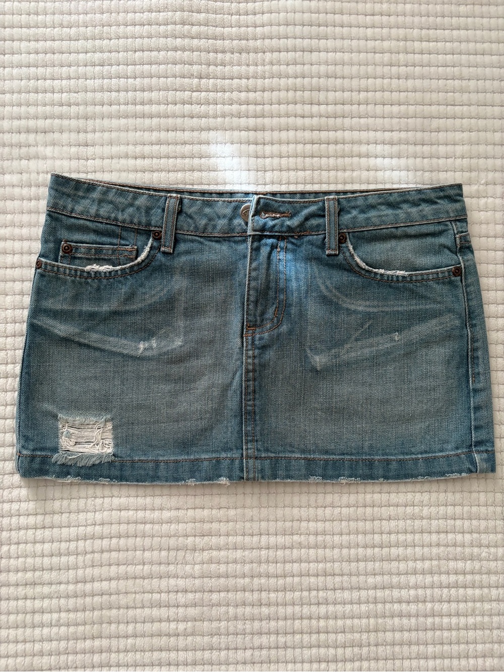 Vintage Y2K Lux Blue Denim Mini Skirt Distressed Button Pockets Women Size 26